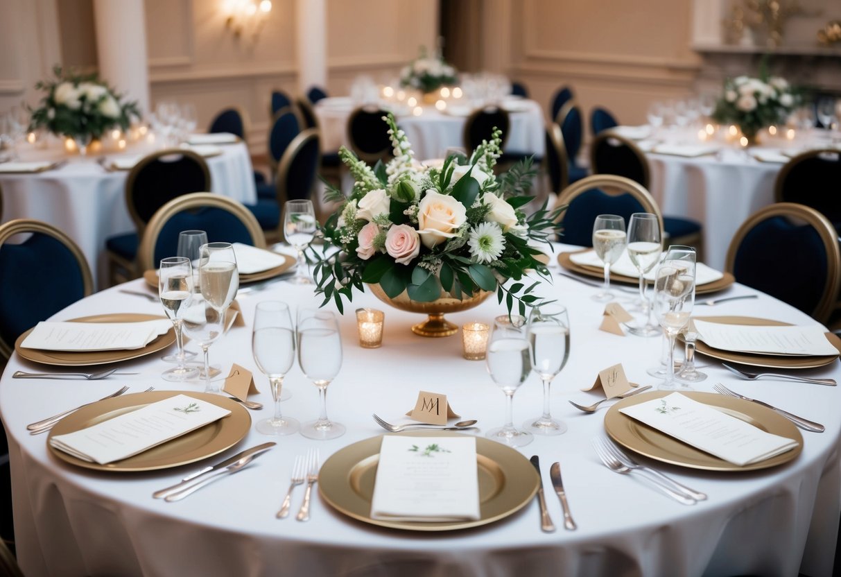 A round table with elegant place settings, adorned with floral centerpieces and reserved for the mother of the bride and other special guests