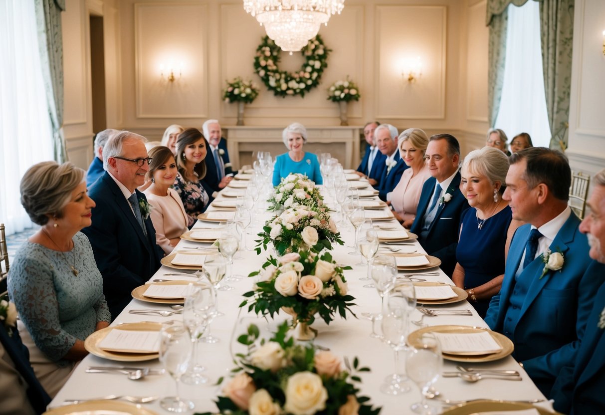 A long banquet table with elegant place settings and floral centerpieces. The mother of the bride sits at the head of the table, surrounded by family and close friends