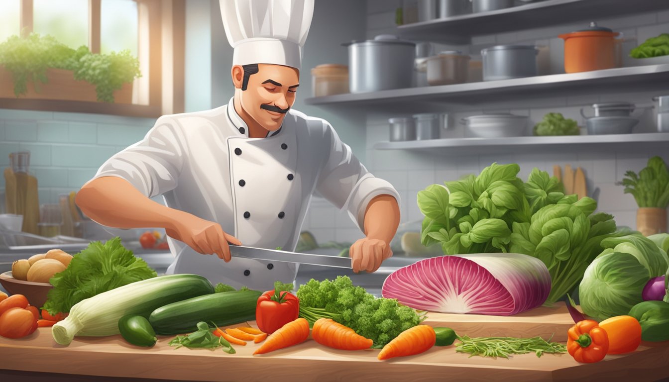 A chef confidently slices and prepares scorzonera in a well-lit kitchen, surrounded by fresh herbs and colorful vegetables