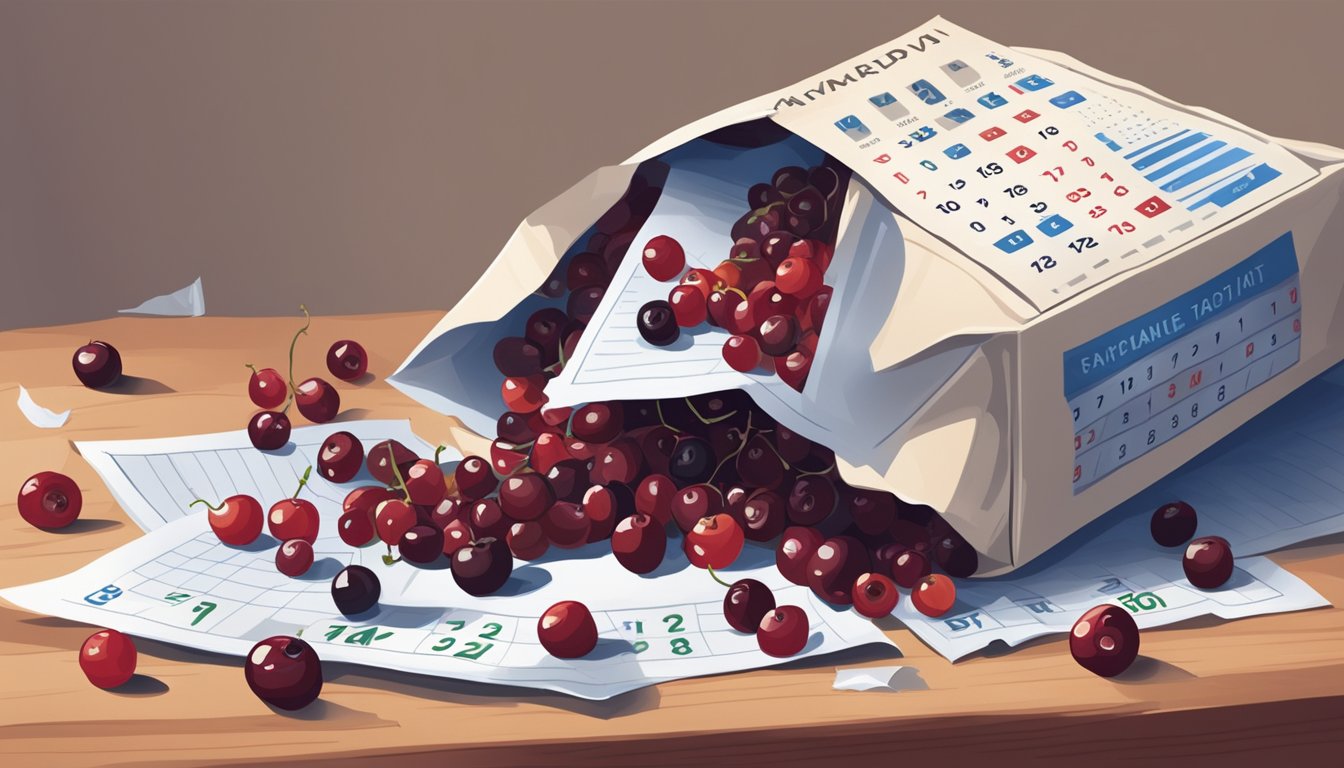 A pile of expired currants spilling out of a torn packaging, surrounded by a calendar showing the current date