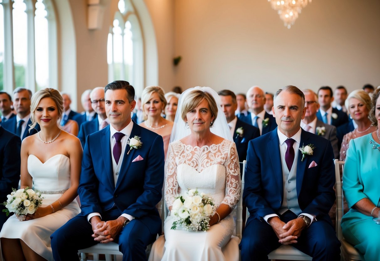 The mother of the bride sits in the front row, near the groom's family, with a clear view of the ceremony
