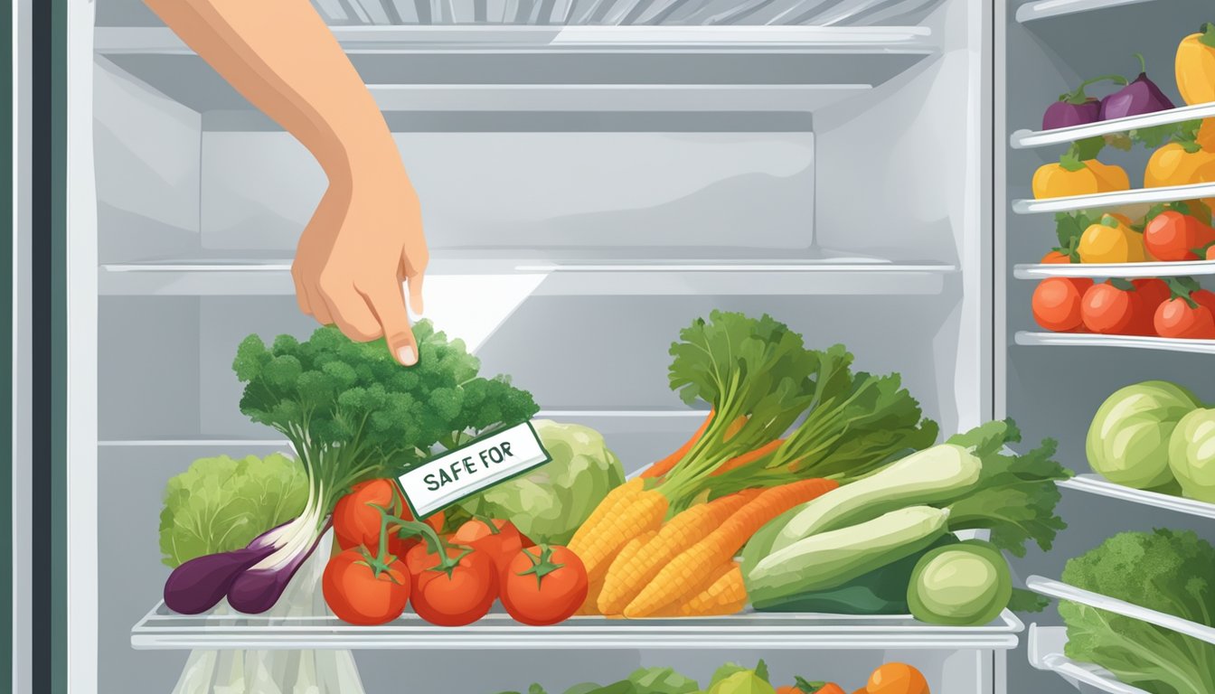 A hand holding a bunch of fresh scorzonera with a label indicating safe for consumption, placed in a refrigerator next to other vegetables