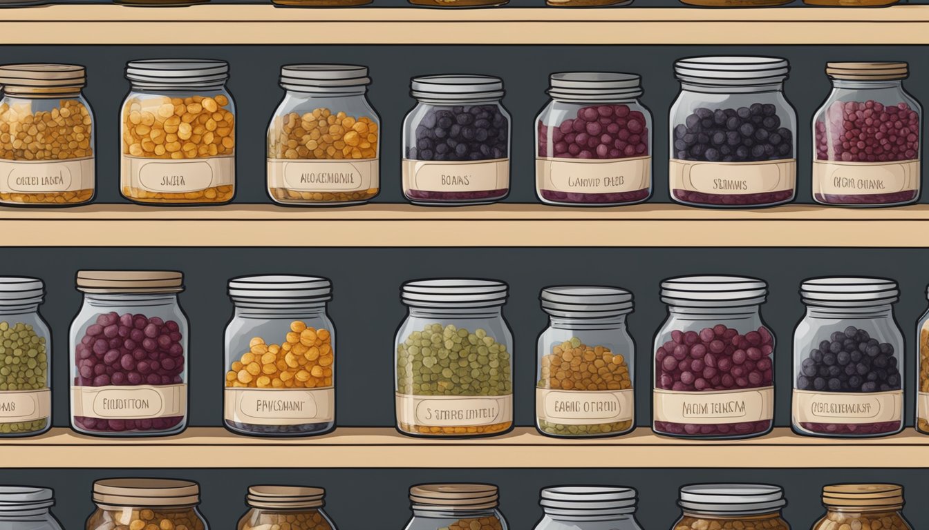 A pantry shelf with labeled jars of dried currants, one with a visible expiration date