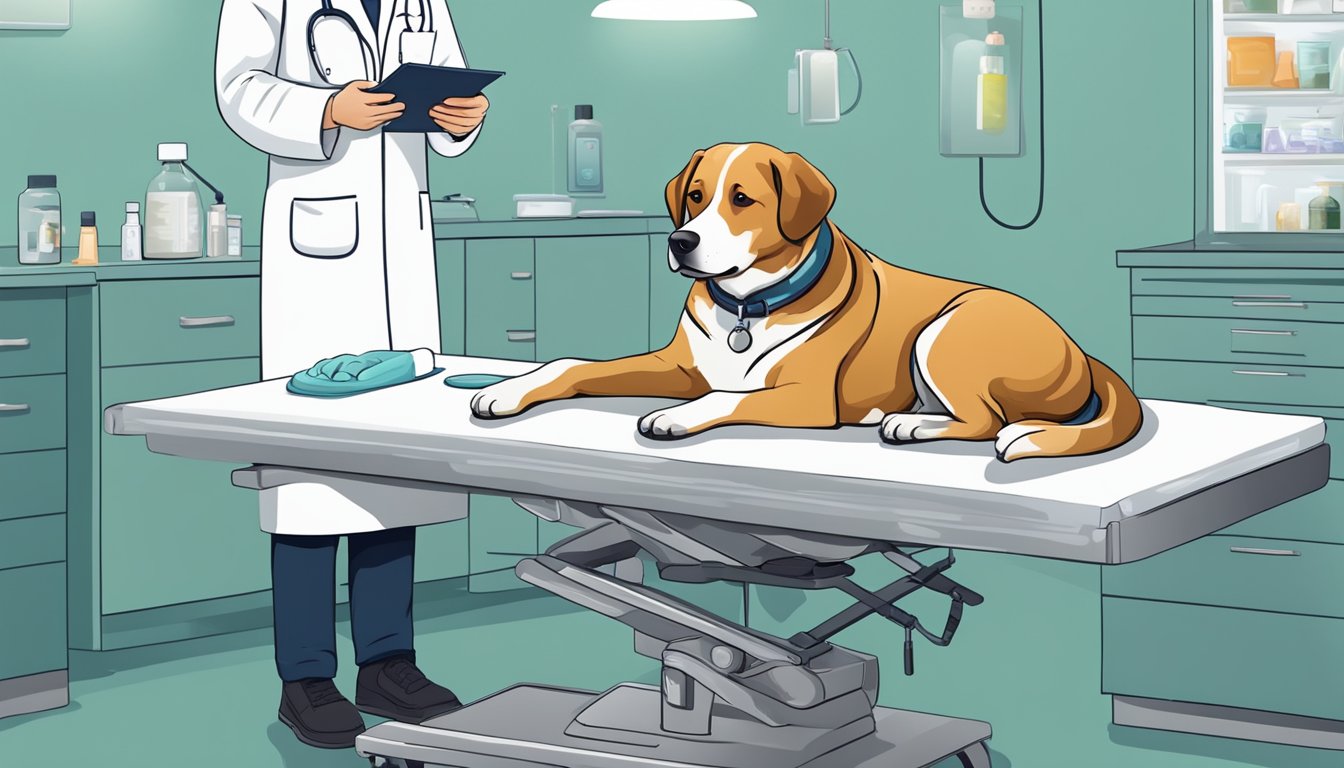 A dog lying on a veterinary examination table, receiving treatment for mold toxicity. A veterinarian administers medication while monitoring the dog's recovery