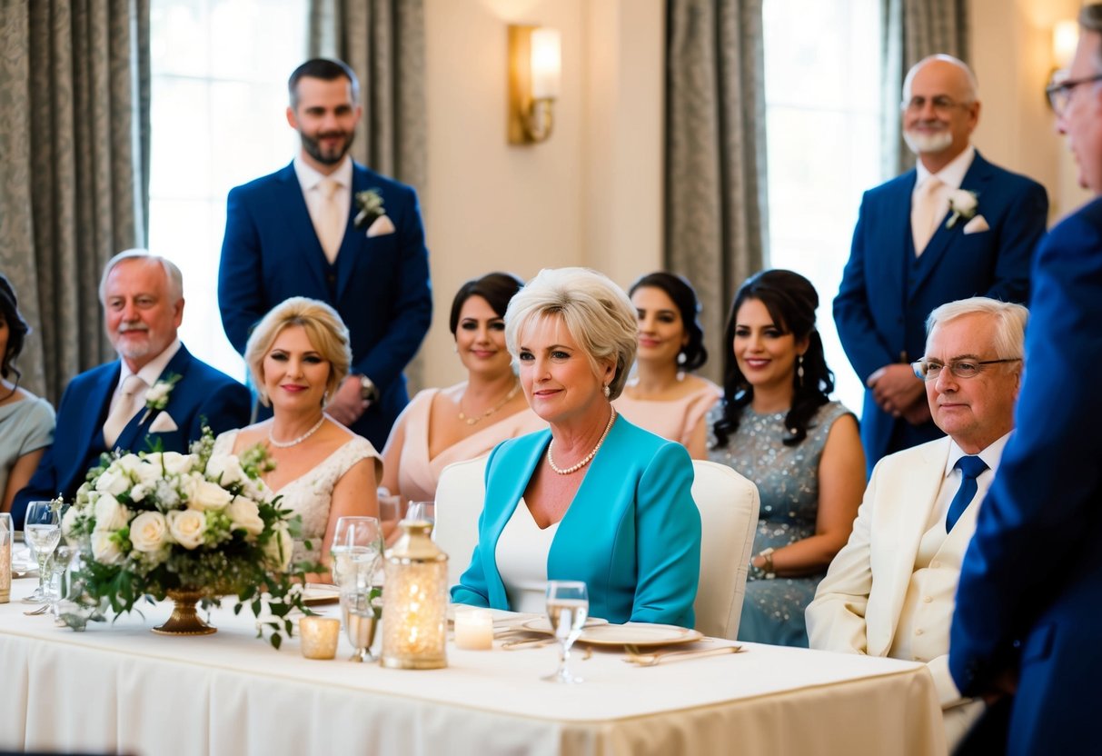 The mother of the bride sits at a prominently decorated table near the head table, surrounded by close family members and honored guests
