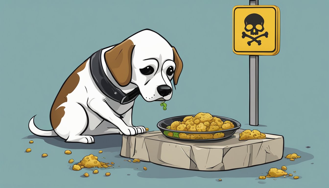 A dog sniffs a moldy piece of food with a concerned expression, while a caution sign with a skull and crossbones is placed next to it