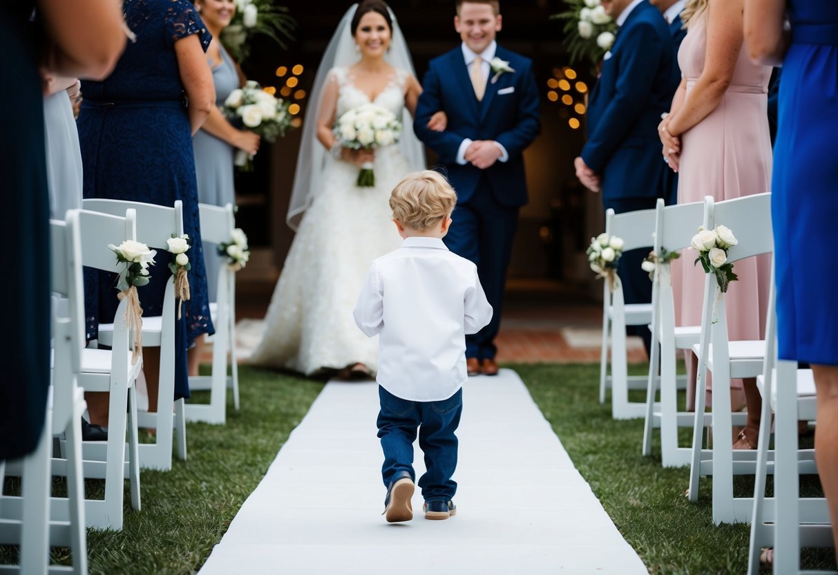 A young child walks the bride down the aisle in a second wedding