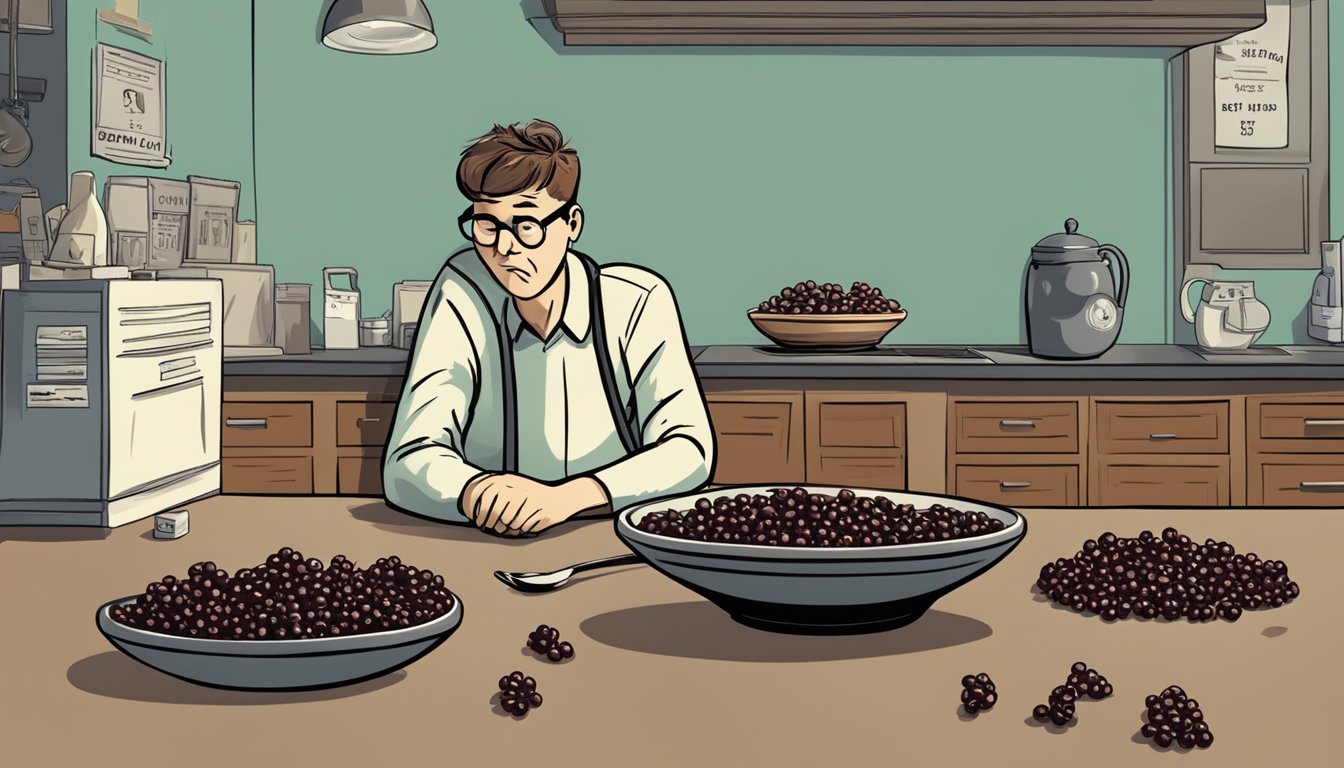 A bowl of shriveled currants with a "best by" date passed, surrounded by a caution sign and a worried expression on a faceless character