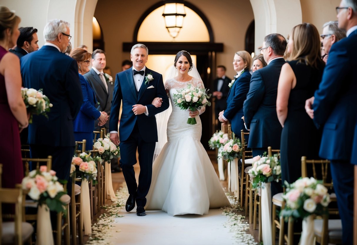 A figure in formal attire escorts the bride down the aisle, surrounded by flowers and soft lighting