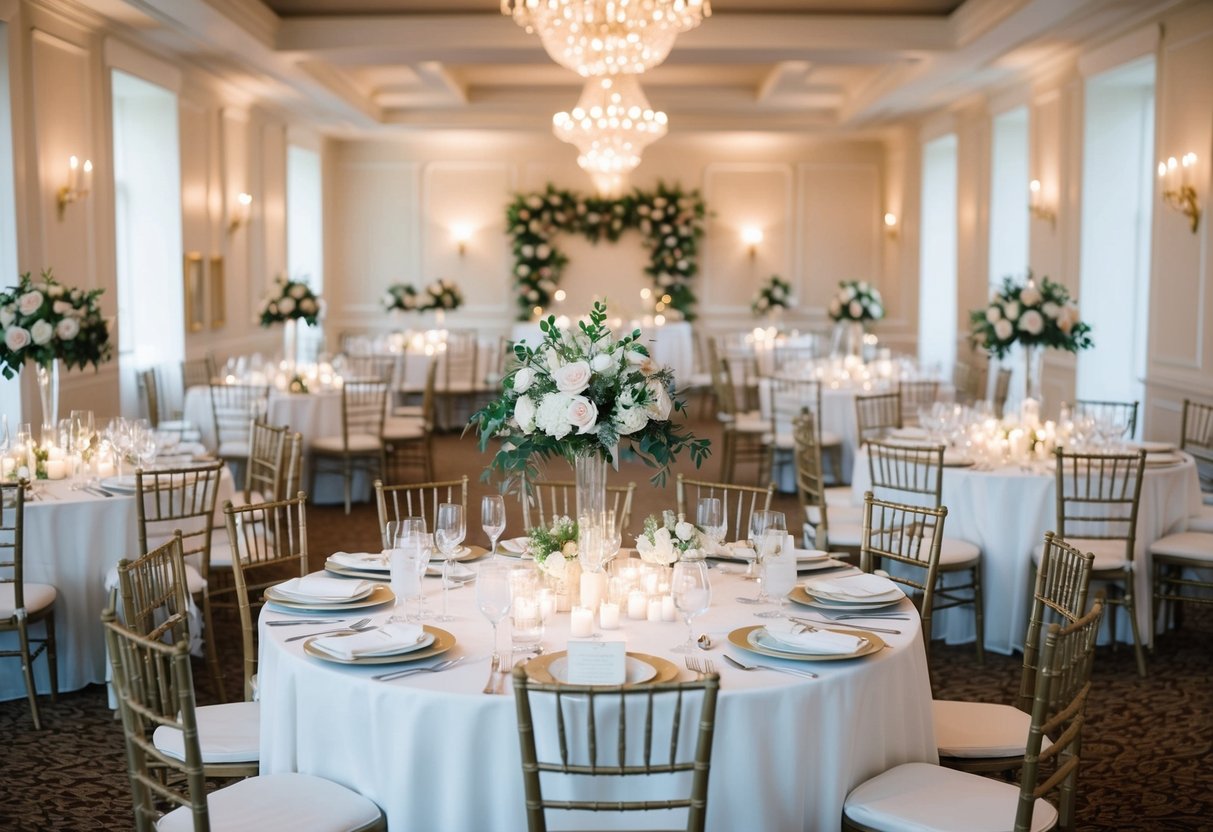 A beautifully adorned wedding reception hall with elegantly arranged tables and chairs, complete with floral centerpieces and place settings