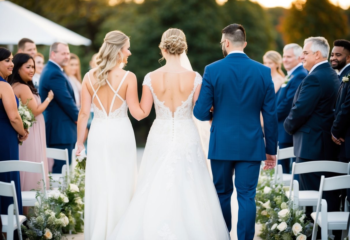A woman and a man walk the bride down the aisle, showing unity and support