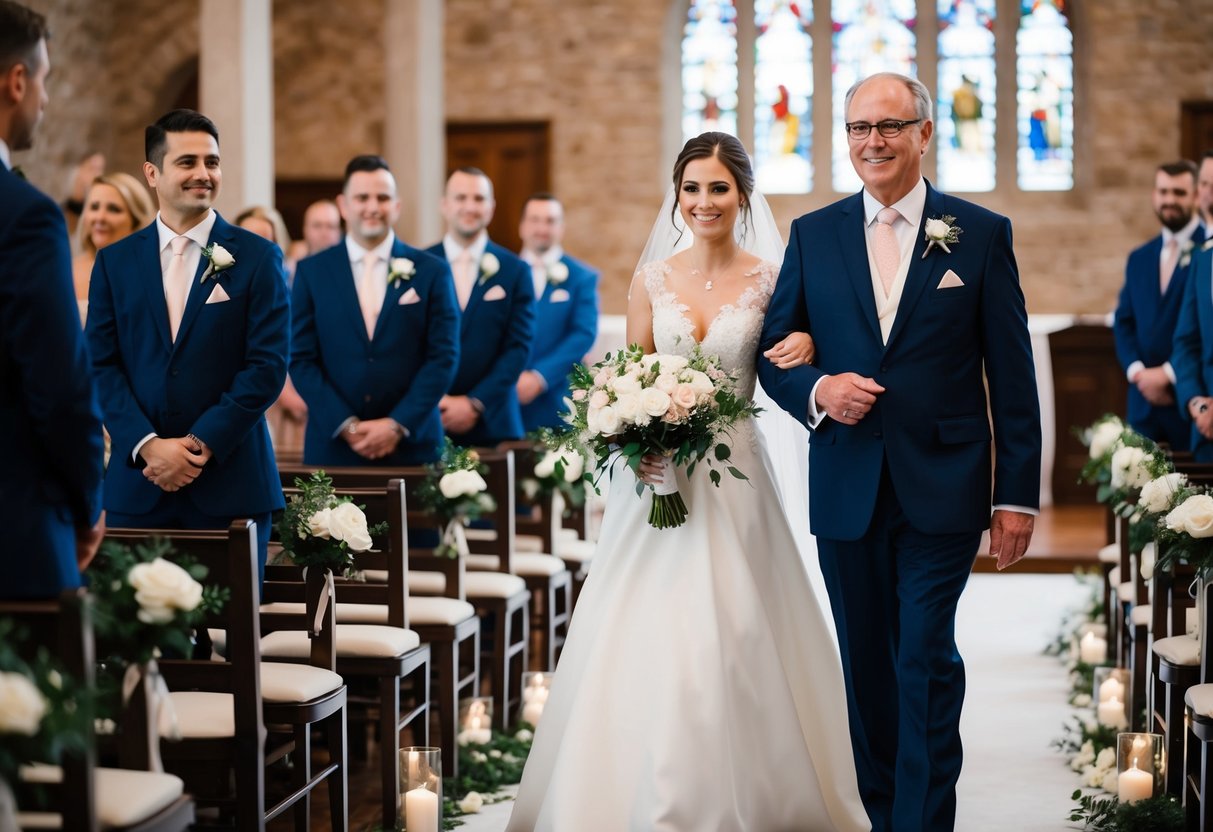 A father figure walks the bride down the aisle, while the groom waits at the altar