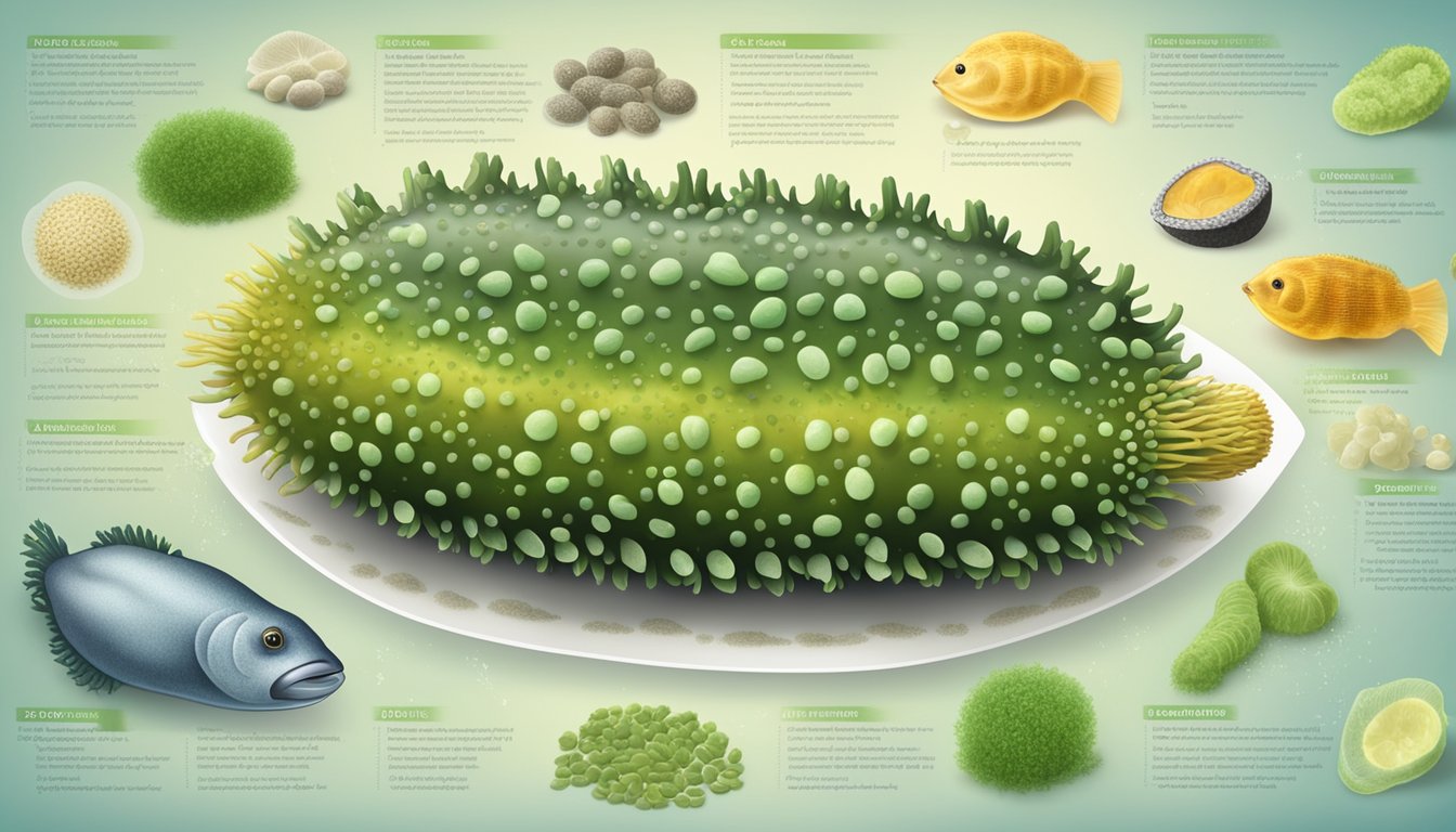 A sea cucumber surrounded by various nutrient-rich foods, such as algae, plankton, and small fish, with a nutritional profile chart in the background