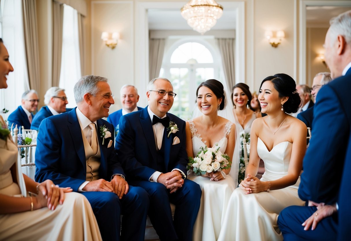 Family friends sit with bride's parents at wedding. Smiling faces, elegant attire, and joyful conversation fill the room