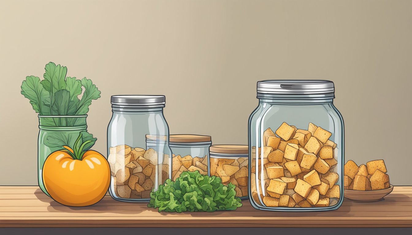 A kitchen shelf with a jar of expired croutons next to a fresh salad