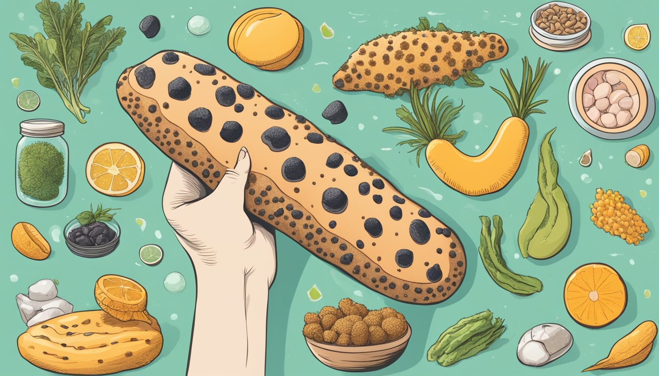 A person holding a sea cucumber with a question mark above it, surrounded by various food items and allergy warning symbols