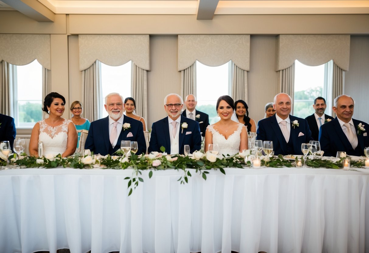 The bride's parents sit at the head table with close family members and honored guests, while the groom's parents sit at a separate table