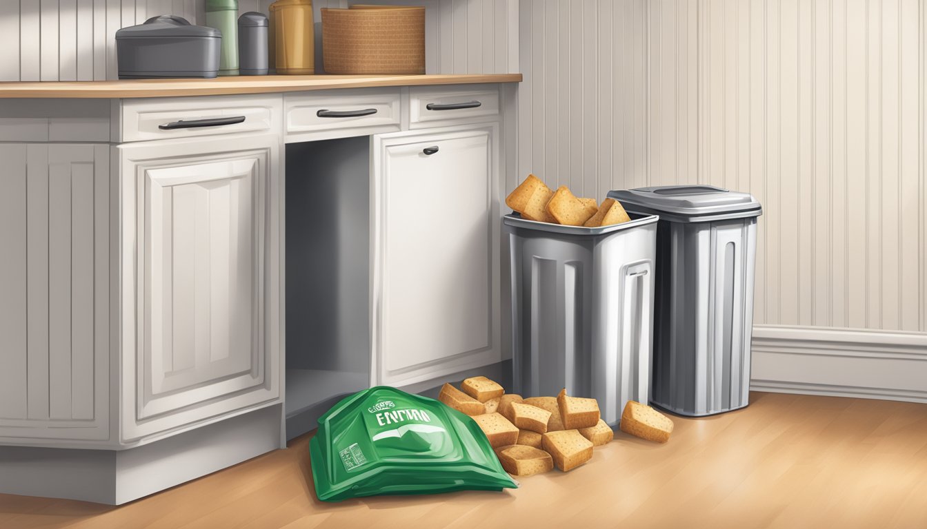 A pantry with expired crouton package next to a trash bin