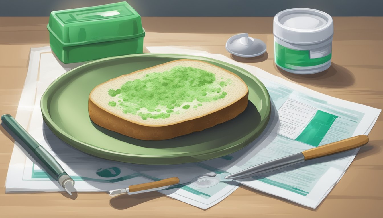 A piece of bread covered in green and white mold, sitting on a plate next to a warning sign and a medical reference book