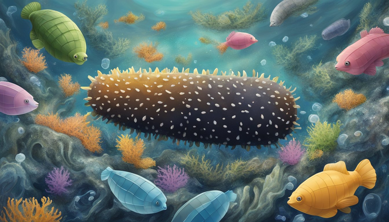 A sea cucumber surrounded by plastic waste in a polluted ocean environment