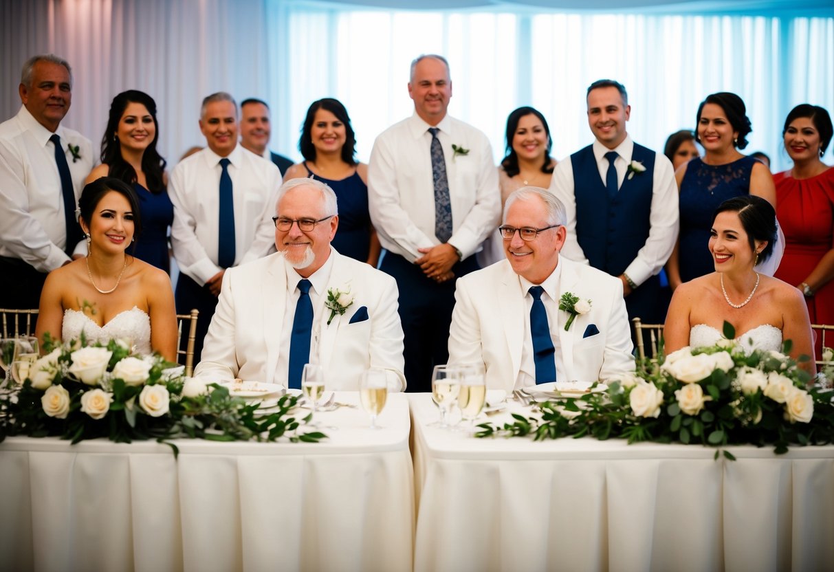 The bride's parents sit at the head table, flanked by close family and friends at the wedding reception