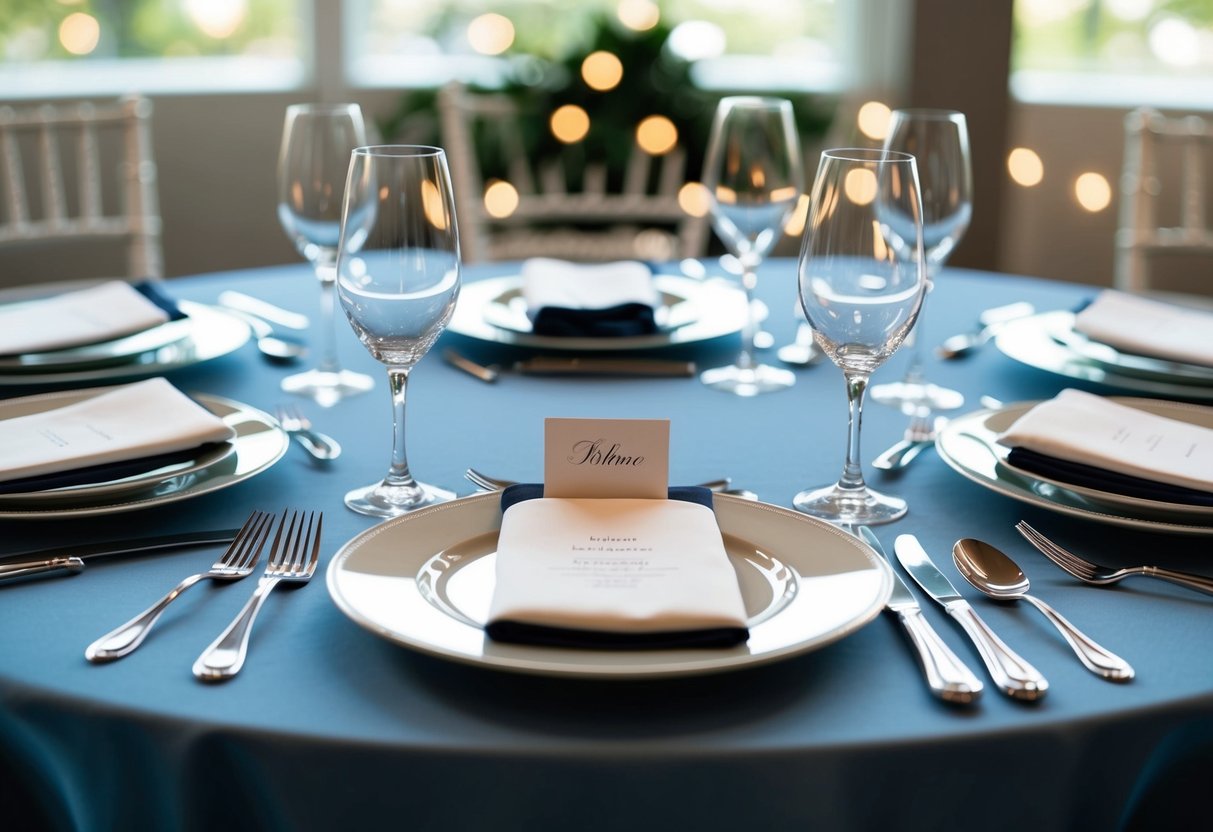 A dining table set with five place settings, each with a neatly folded napkin, polished silverware, and a personalized place card
