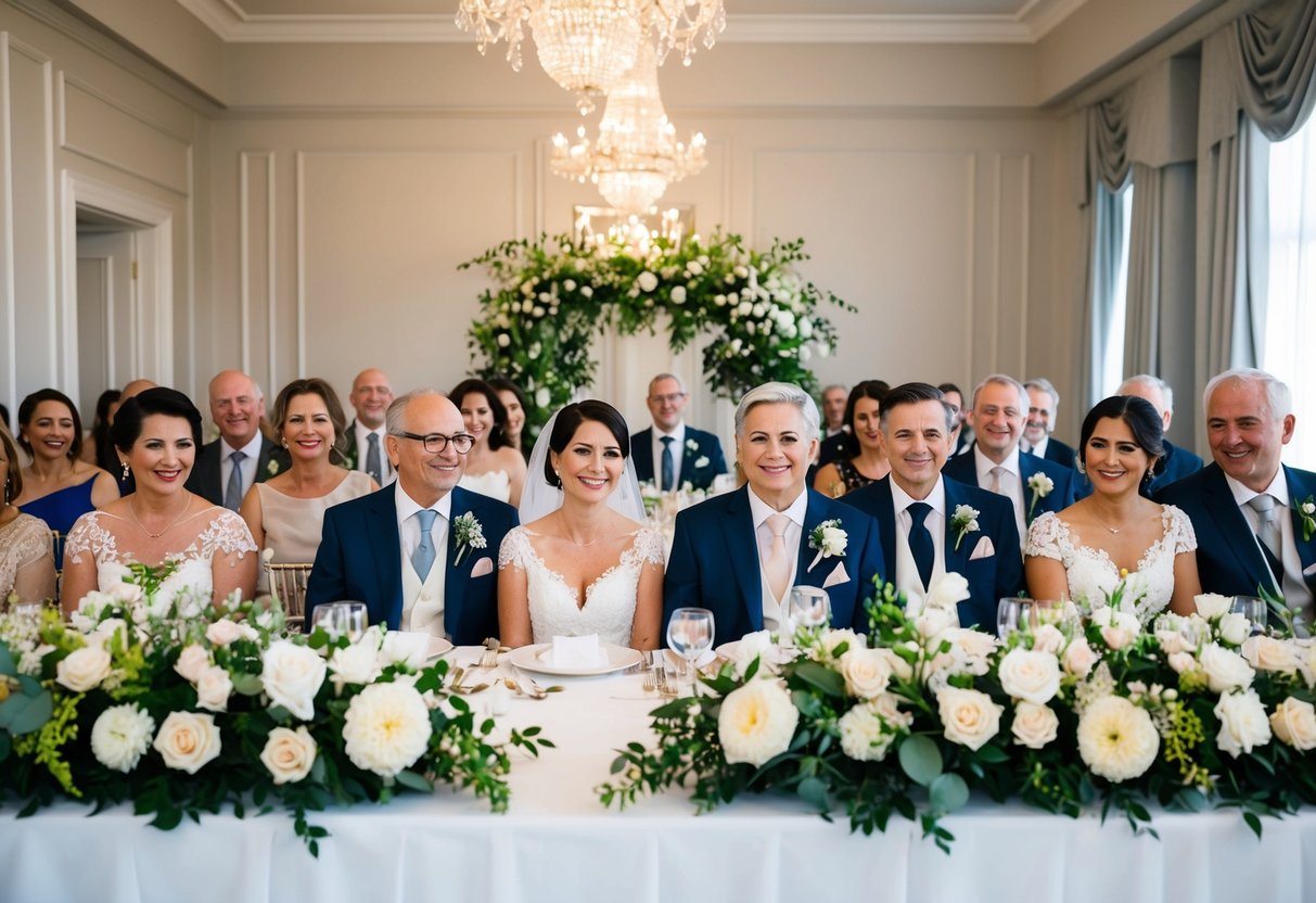 The head table at the wedding is adorned with elegant floral centerpieces and fine china. The parents of the couple are seated in the center, surrounded by close family and friends