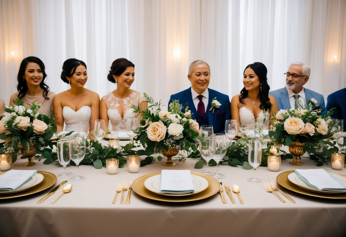A table set with elegant place settings, adorned with floral centerpieces and candles. The bride's parents sit at the head of the table, surrounded by close family members