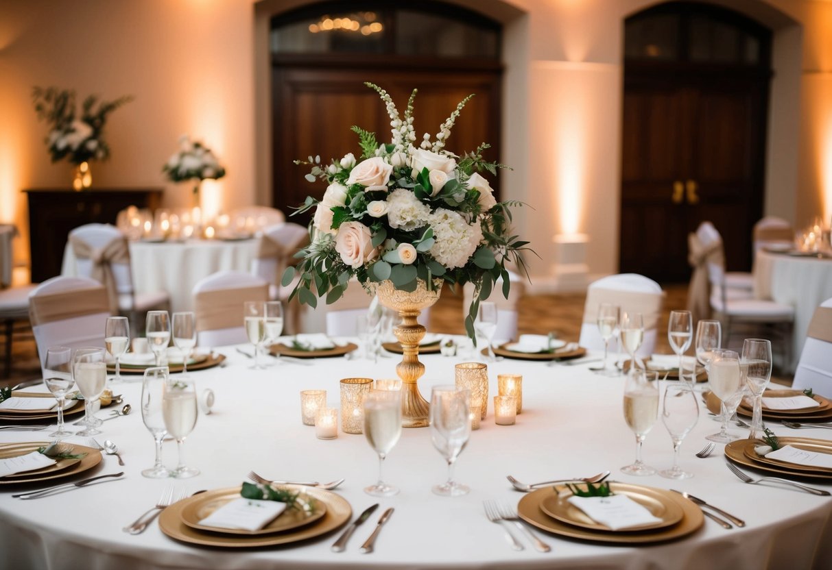 A decorated head table at a wedding reception, adorned with flowers and elegant place settings, stands prominently in the center of the room
