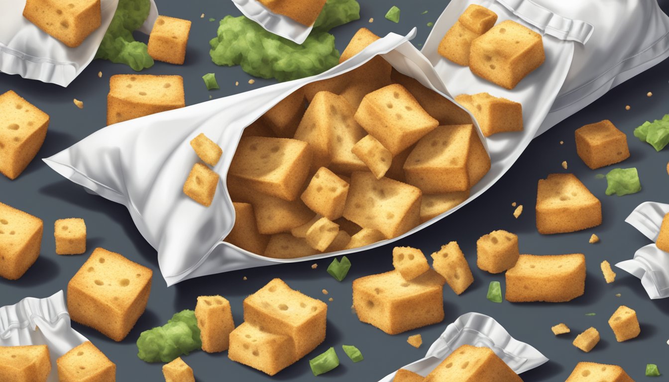 A pile of expired croutons spilling out of an open bag, with a moldy smell emanating from them