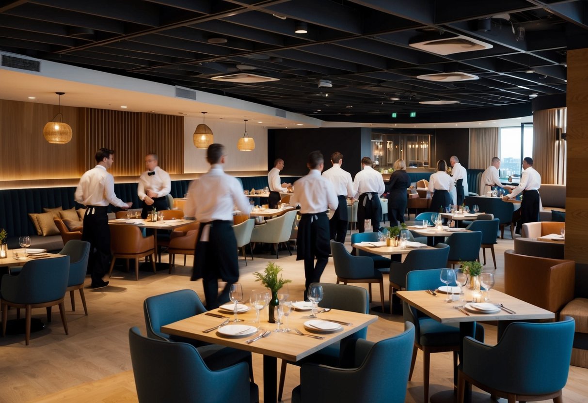 A bustling restaurant with well-spaced tables, comfortable seating, and a mix of intimate and communal dining areas. Servers efficiently guide guests to their tables, ensuring a smooth flow of diners throughout the space