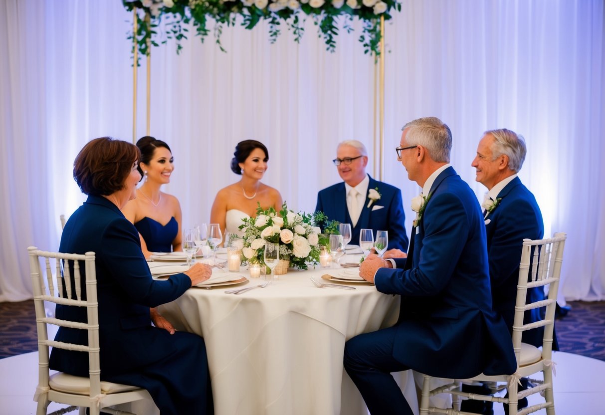 At a wedding, parents sit at a separate table near the head table, with reserved seating and elegant decor