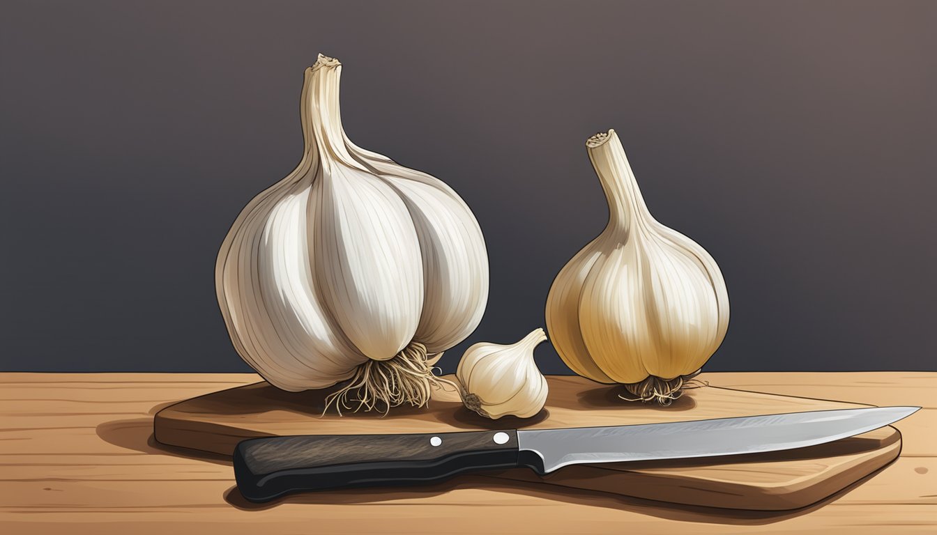 A moldy garlic bulb sits on a cutting board next to a knife. A caution sign is displayed nearby