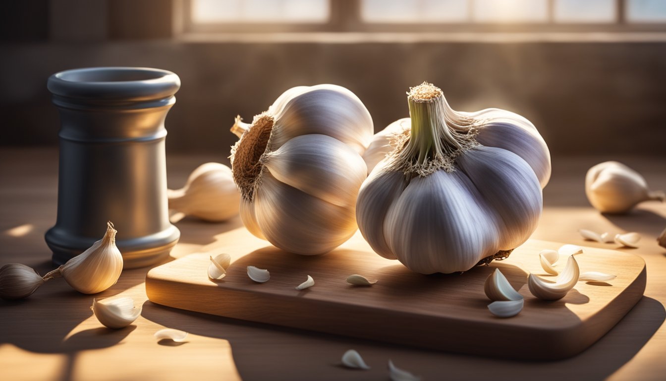 A moldy garlic bulb sits on a wooden cutting board next to fresh garlic cloves and a mortar and pestle. Rays of sunlight stream in through a nearby window, casting shadows on the scene