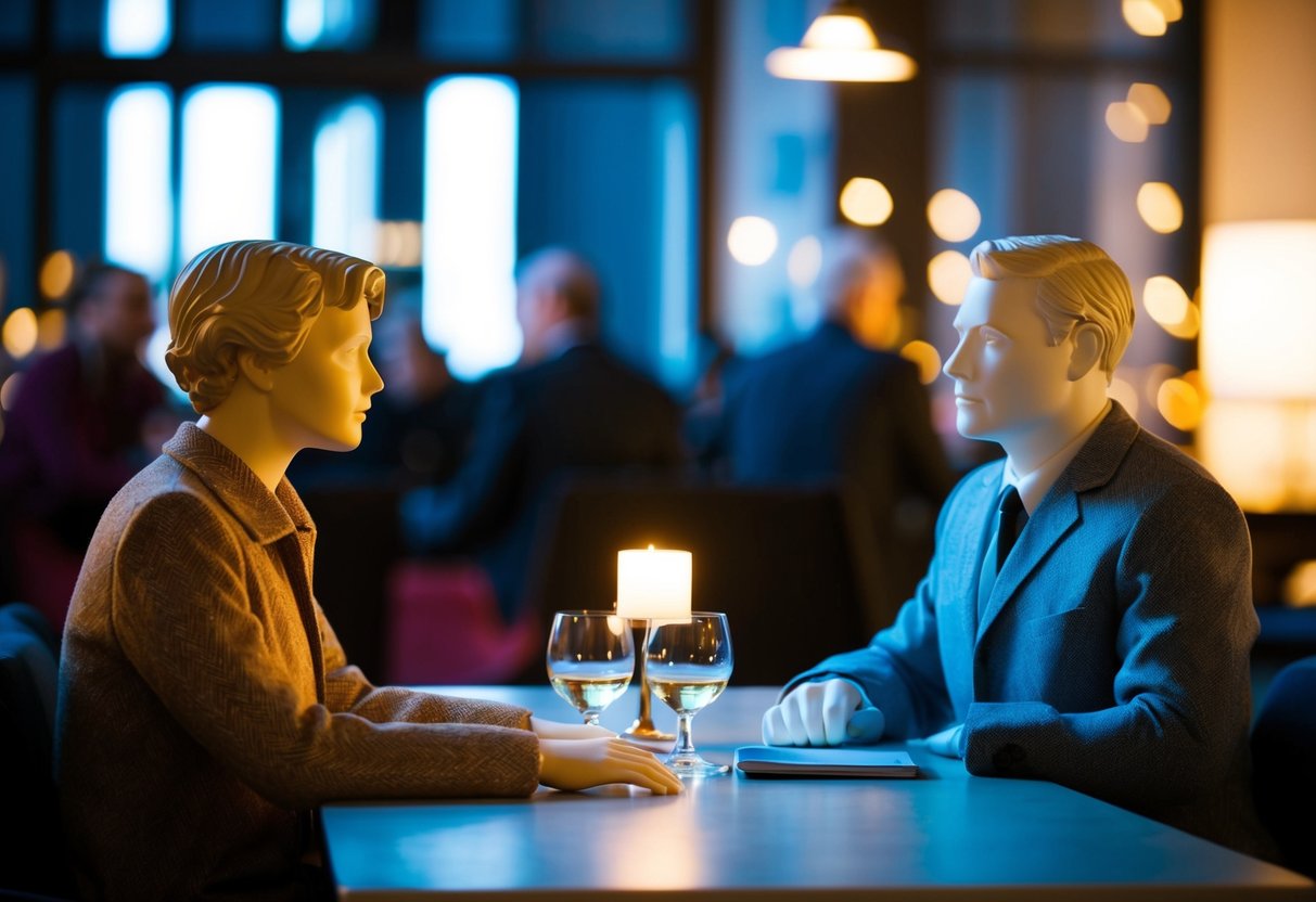 A figure sits to the left of a central figure at a table