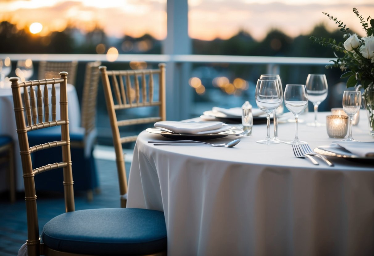 A table with two chairs, one on the left of the other, set for a formal dinner