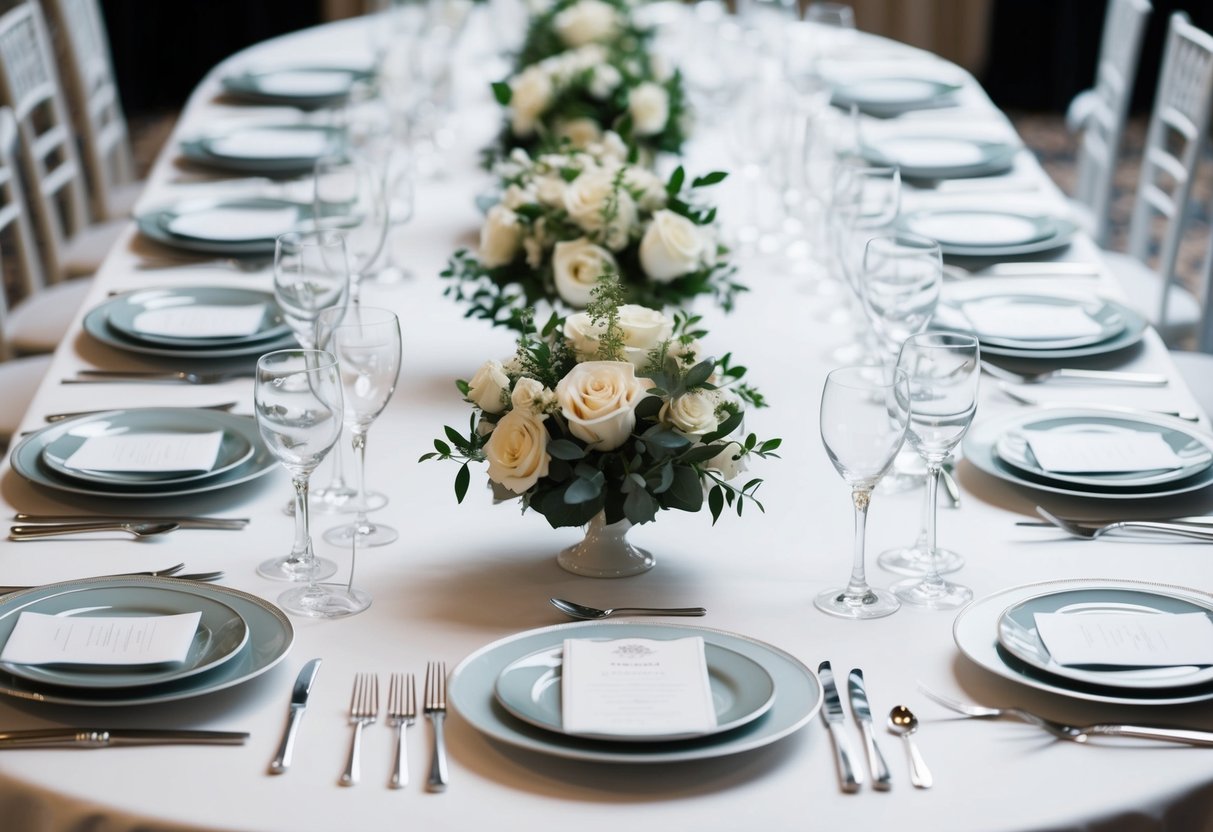 A formal wedding table setting with elegant dinnerware, polished silverware, and pristine glassware arranged in symmetrical precision on a crisp white tablecloth
