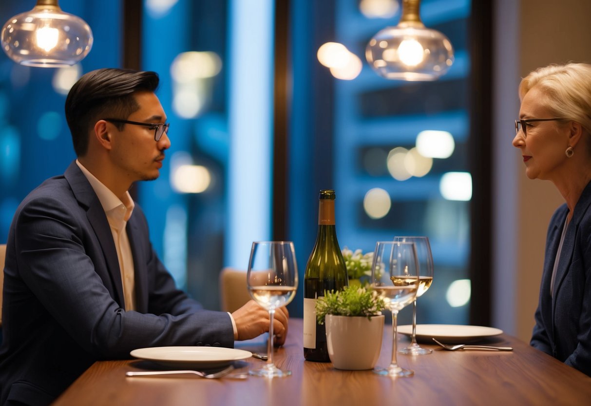 A figure seated to the left of a central figure at a dining table