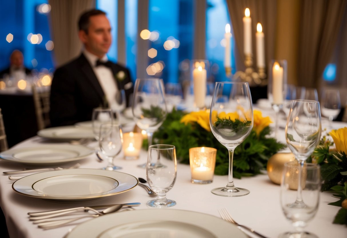 A table set for a formal dinner, with a place setting to the left of the host's position left empty