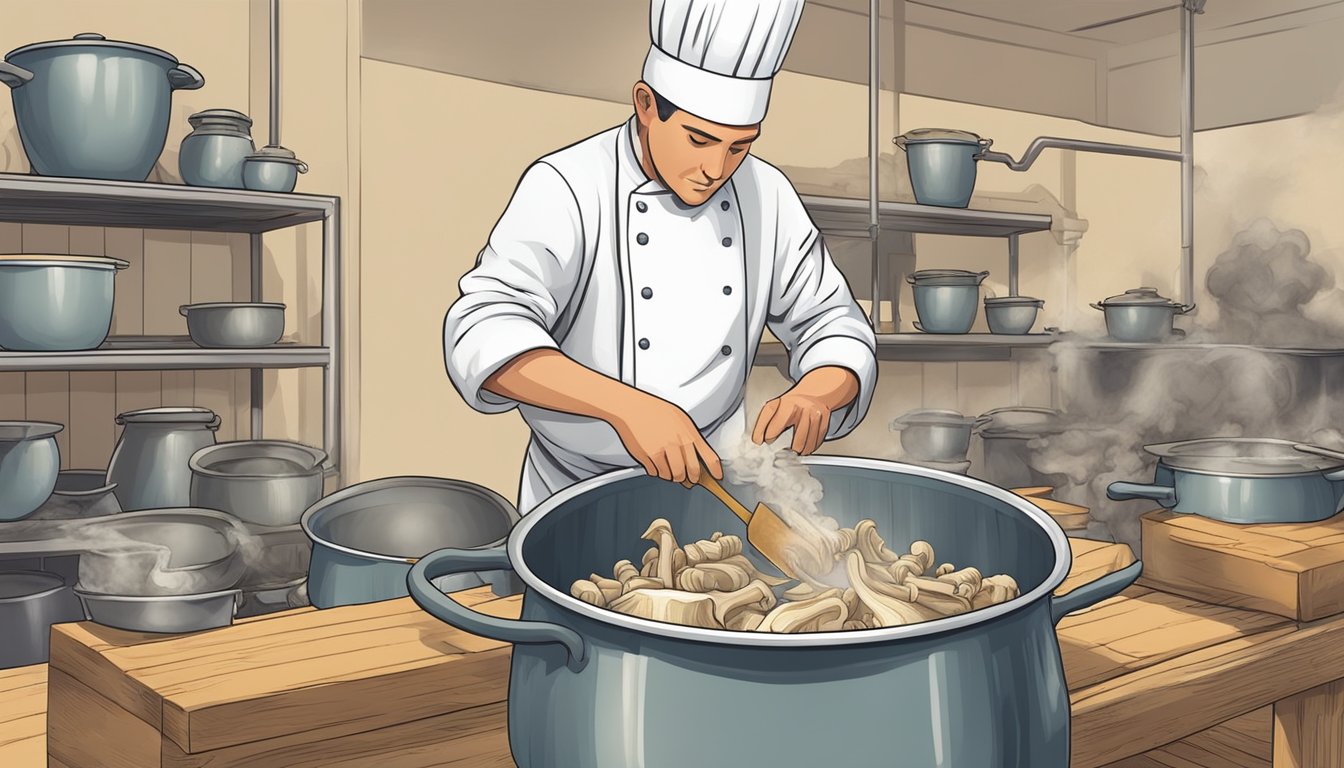 A chef carefully cleans and boils animal bones in a large pot, preparing them for use in a savory broth