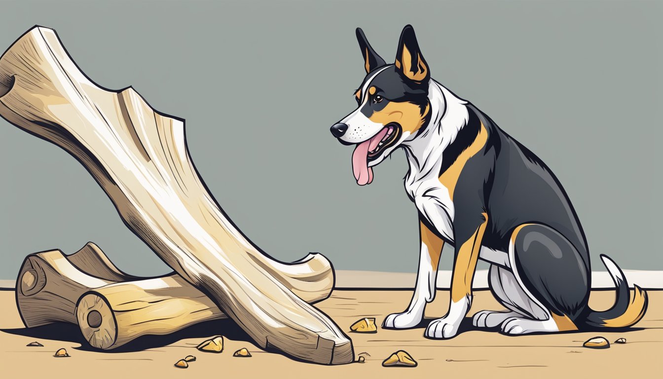 A dog gnawing on a large bone, with a caution sign nearby