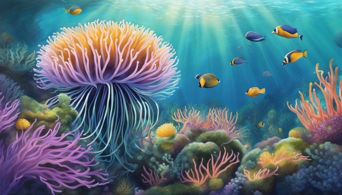 A colorful sea anemone sways gently in the current, its tentacles reaching out to capture passing prey. Surrounding it, other marine life goes about its business in the vibrant underwater ecosystem