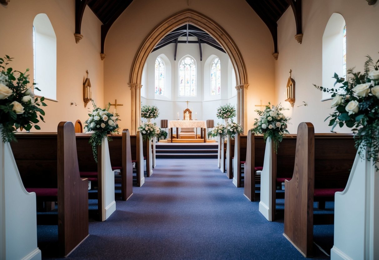 Aisle in UK church: pews on either side, altar at end, floral arrangements on ends of pews, carpeted floor