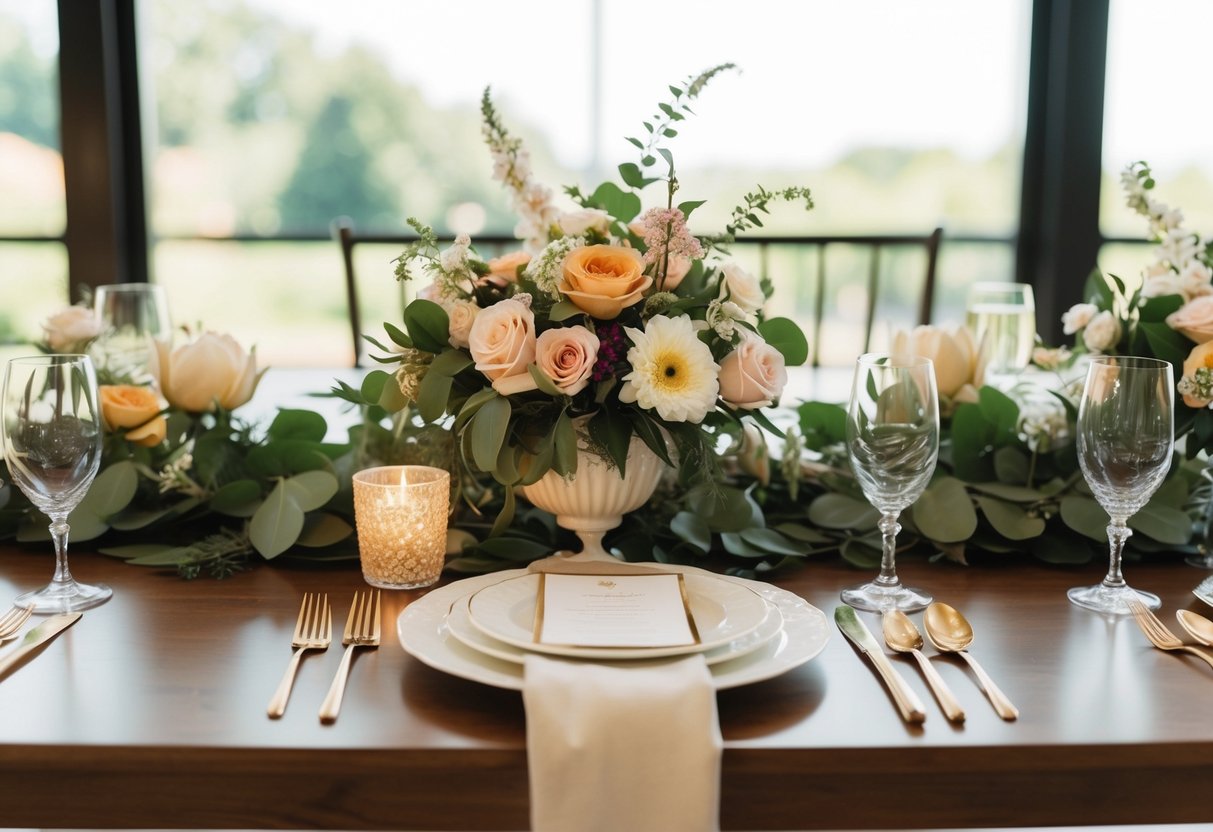 A beautifully decorated table with elegant place settings and floral centerpieces