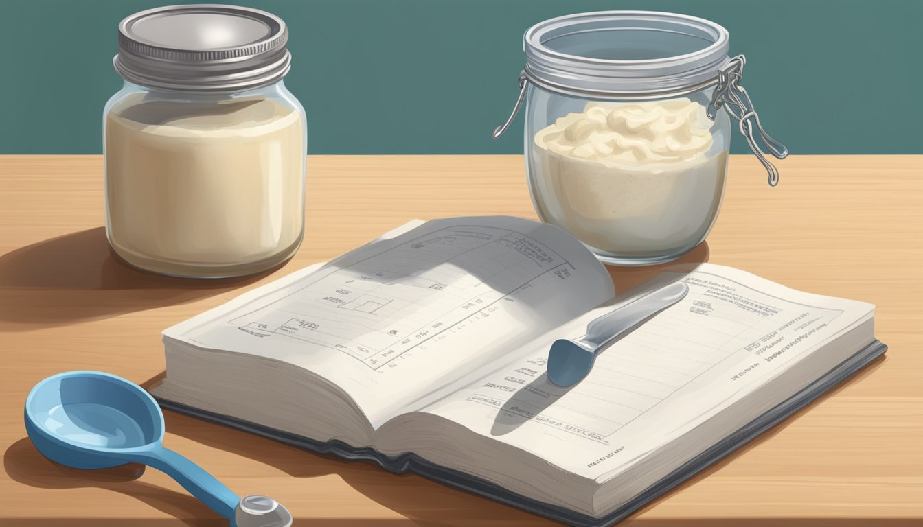 A jar of expired cream of tartar next to a measuring spoon and a recipe book on a kitchen counter