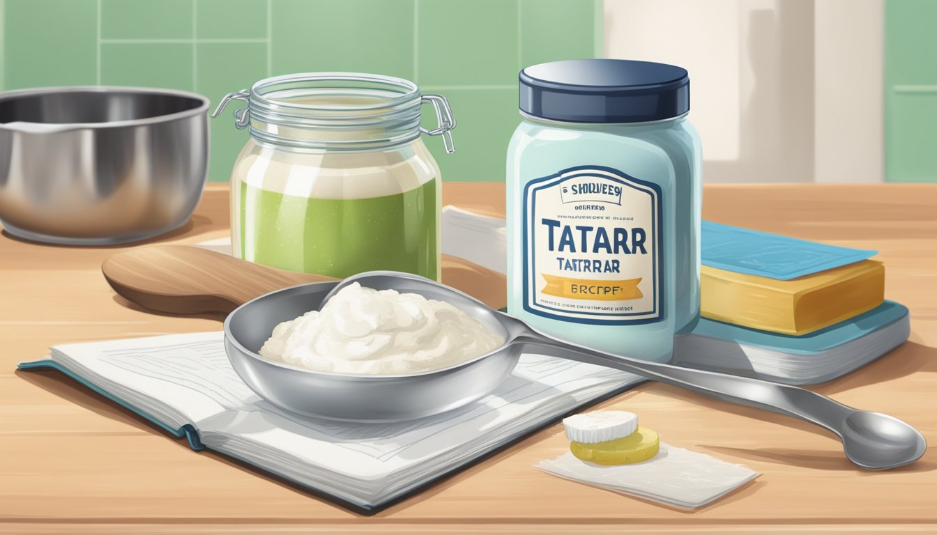 A jar of expired cream of tartar next to a measuring spoon and a recipe book on a kitchen counter