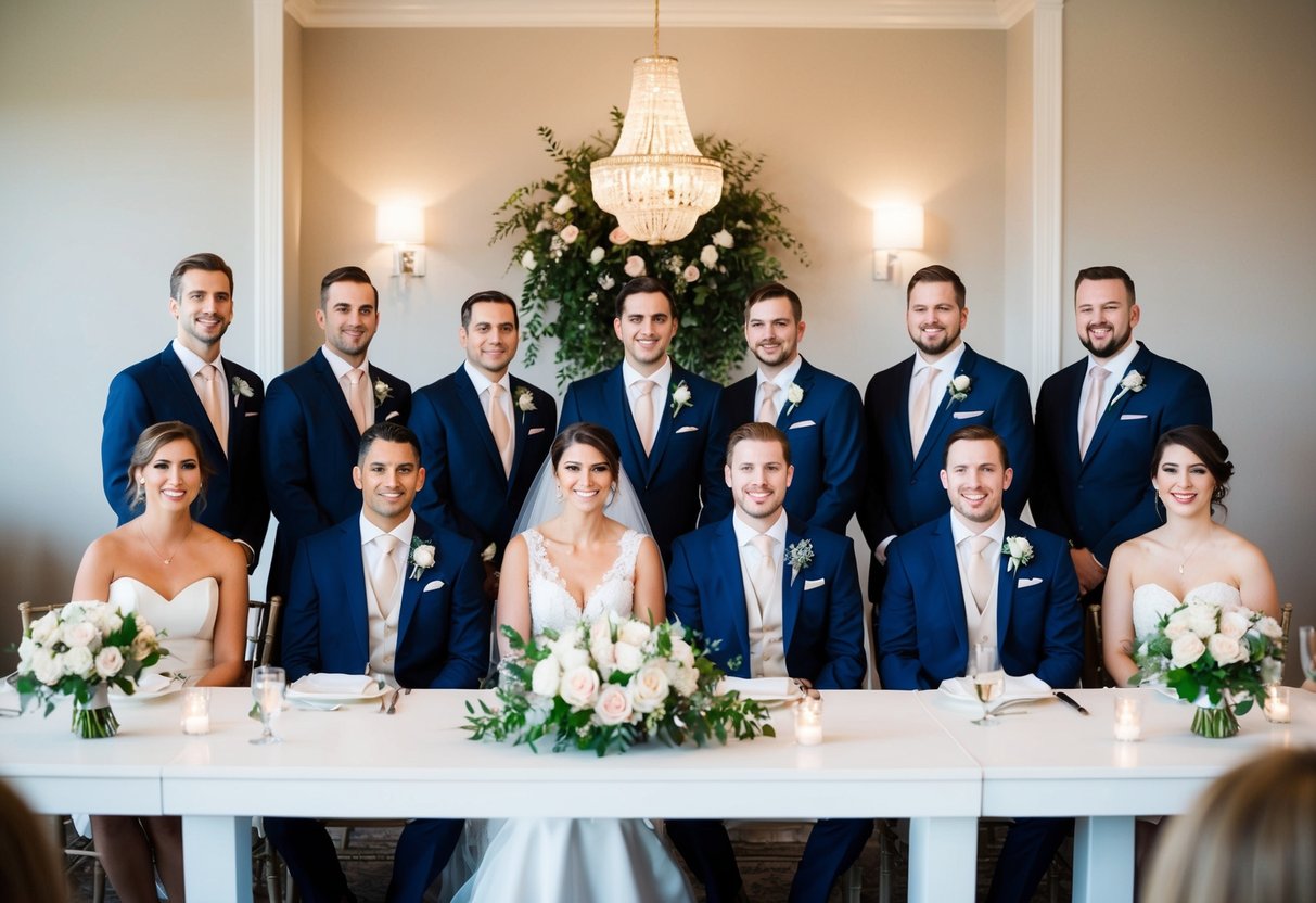The bride and groom sit at the center of the main table, with the maid of honor and best man flanking them on either side. Bridesmaids and groomsmen are seated next to them