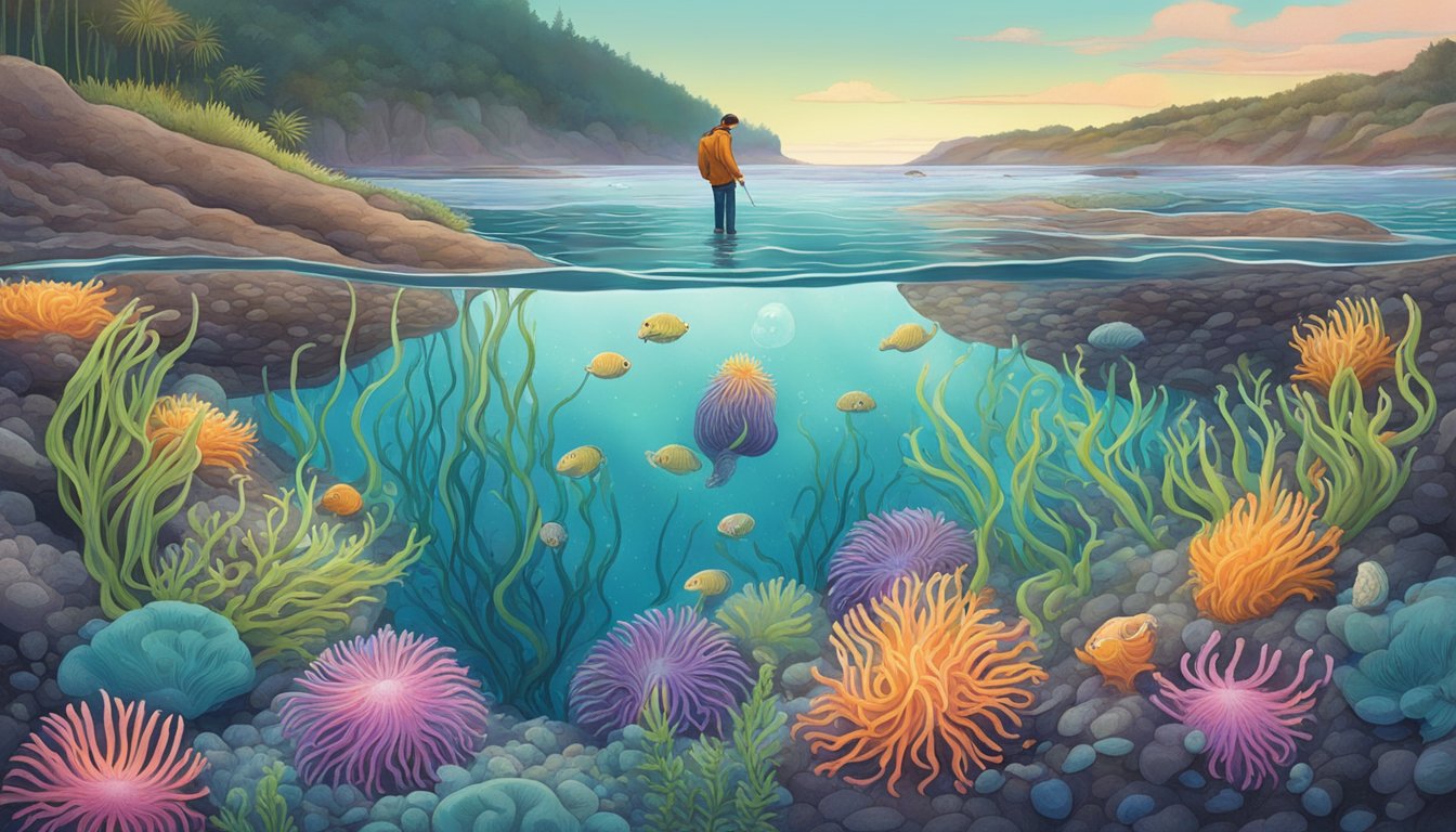 A person carefully plucks a sea anemone from a tide pool, examining it with curiosity and caution. The vibrant creature pulses gently in their hand, its tentacles waving in the water