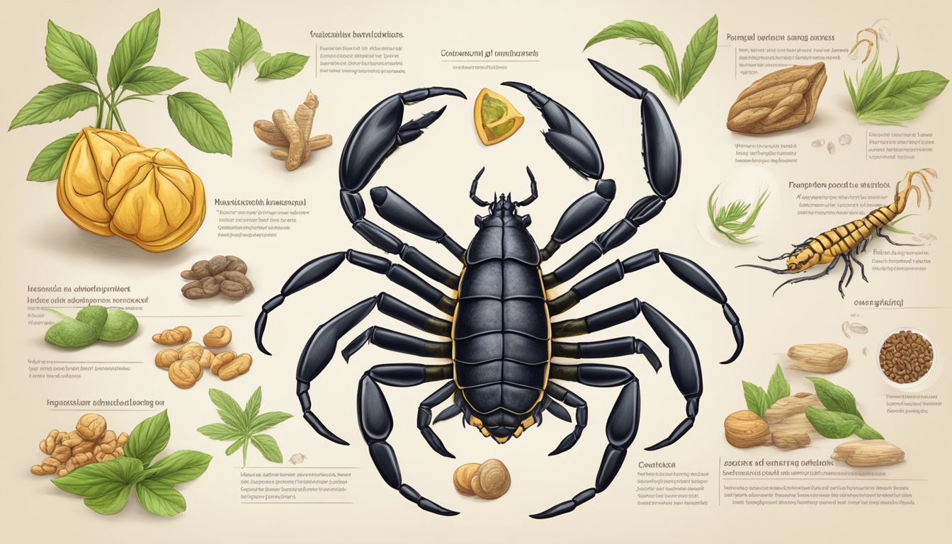 A scorpion surrounded by a variety of potential health benefits and risks, such as a healthy heart and potential allergic reactions