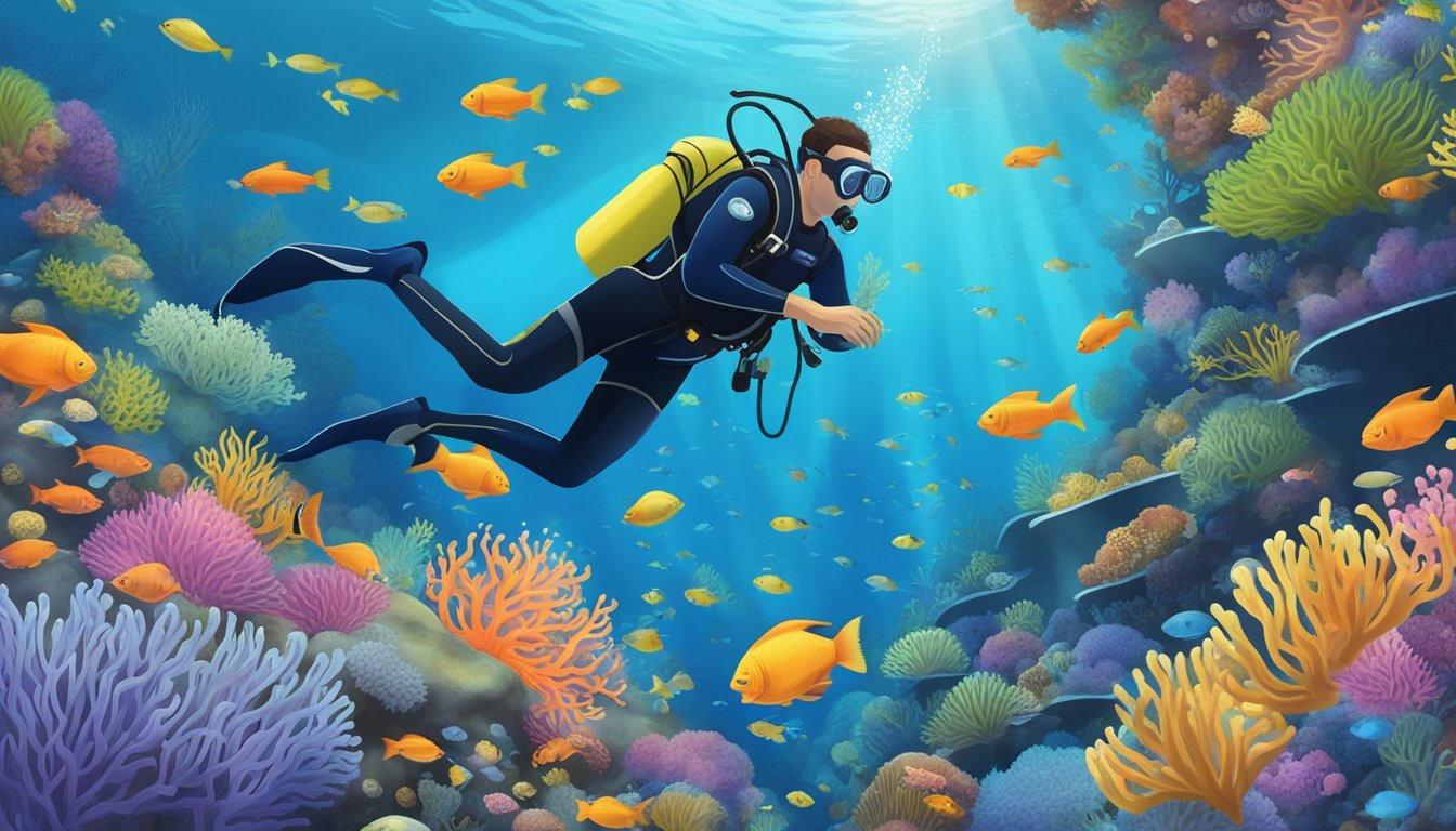 A diver carefully collects sea anemones from a vibrant coral reef, surrounded by schools of colorful fish and clear blue water